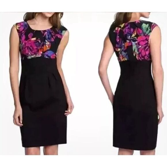 Trina Turk Black Multicolor Floral Print Cap Sleeve Silk Sheath Dress Size 8 - Picture 1 of 9